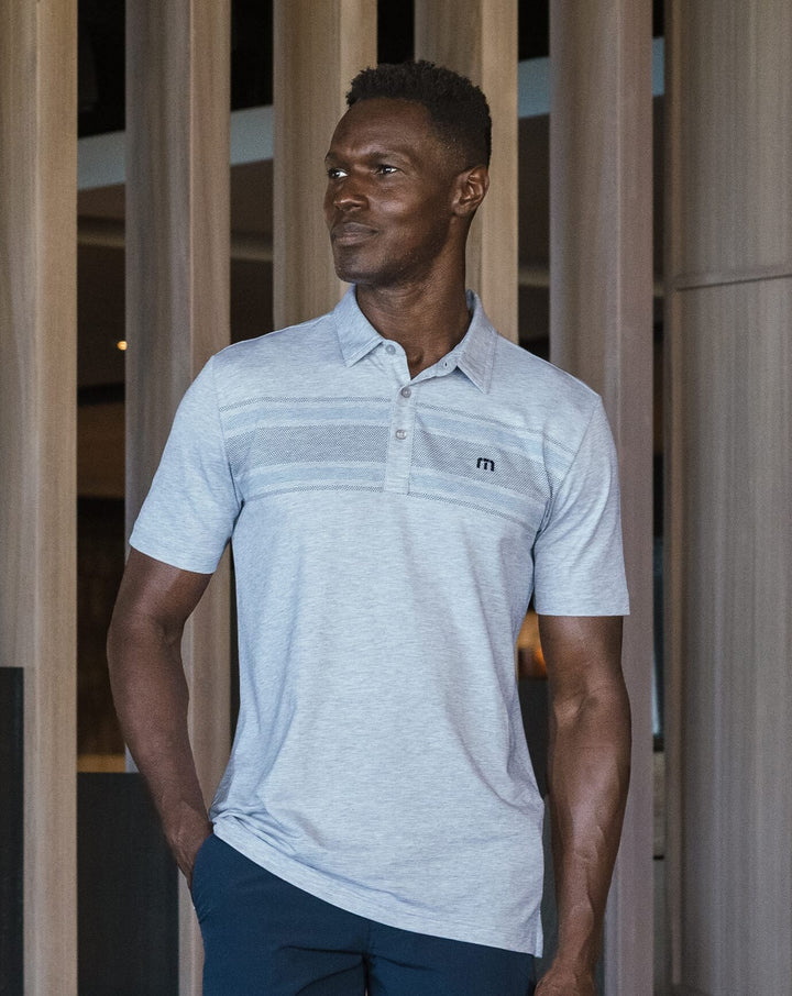 TRAVIS MATHEW MENS BANKROLL POLO - HEATHER LIGHT GREY