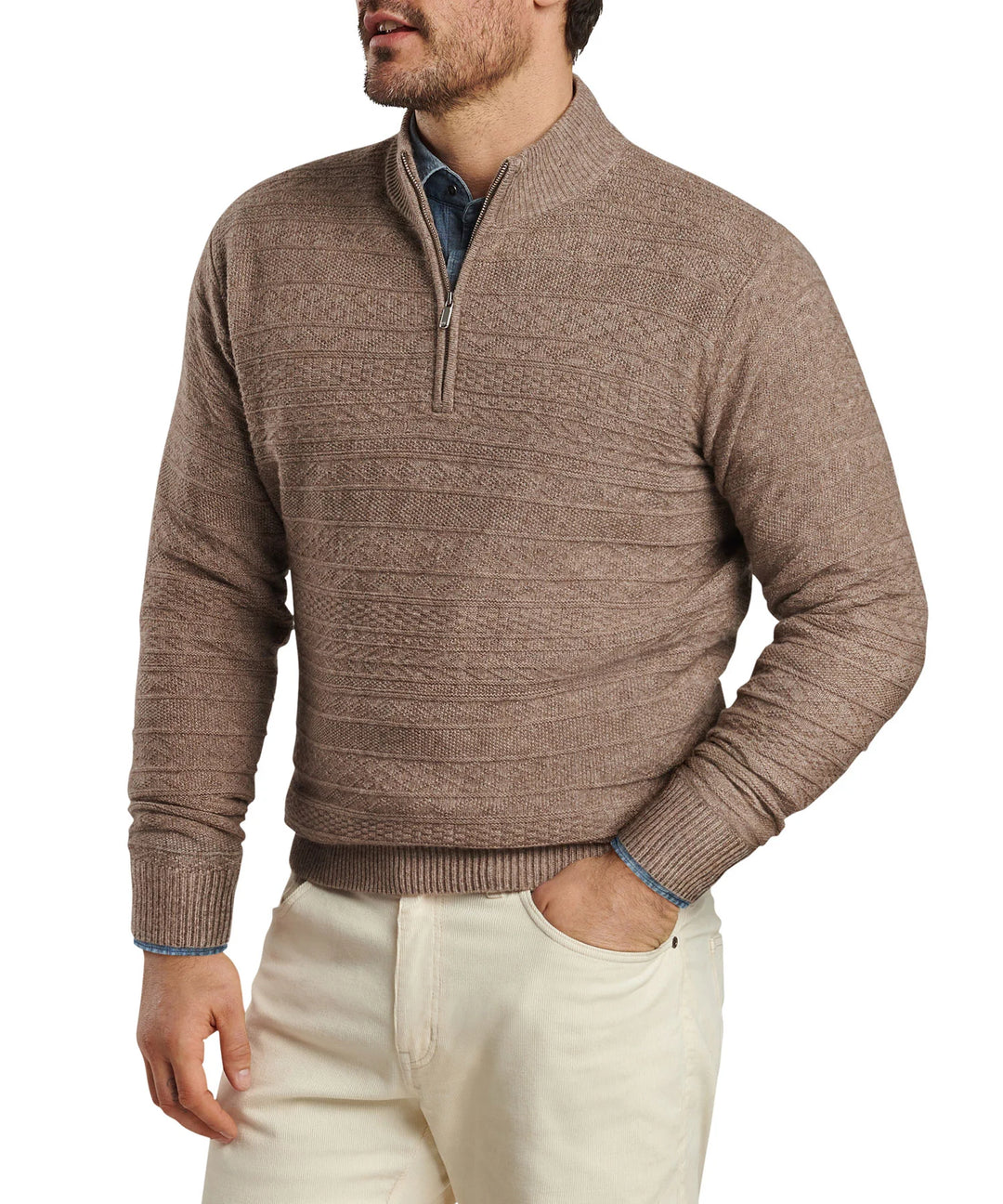 Peter Millar Mens Classic Fit Crescent Texture Quarter-Zip - DARK SAND