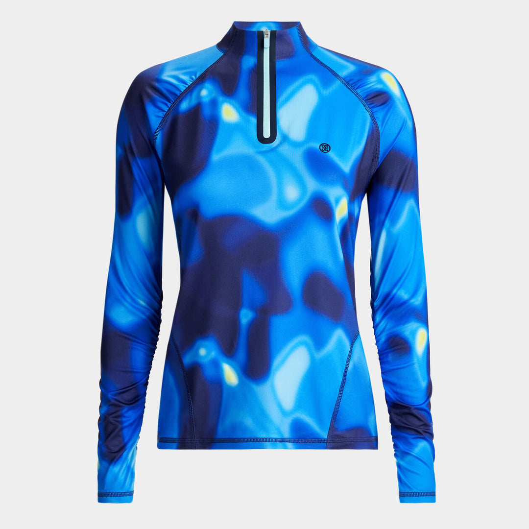 G/FORE WOMENS BOKEH CAMO TECH JERSEY RUCHED QUARTER ZIP PULLOVER - BLUE MULTI