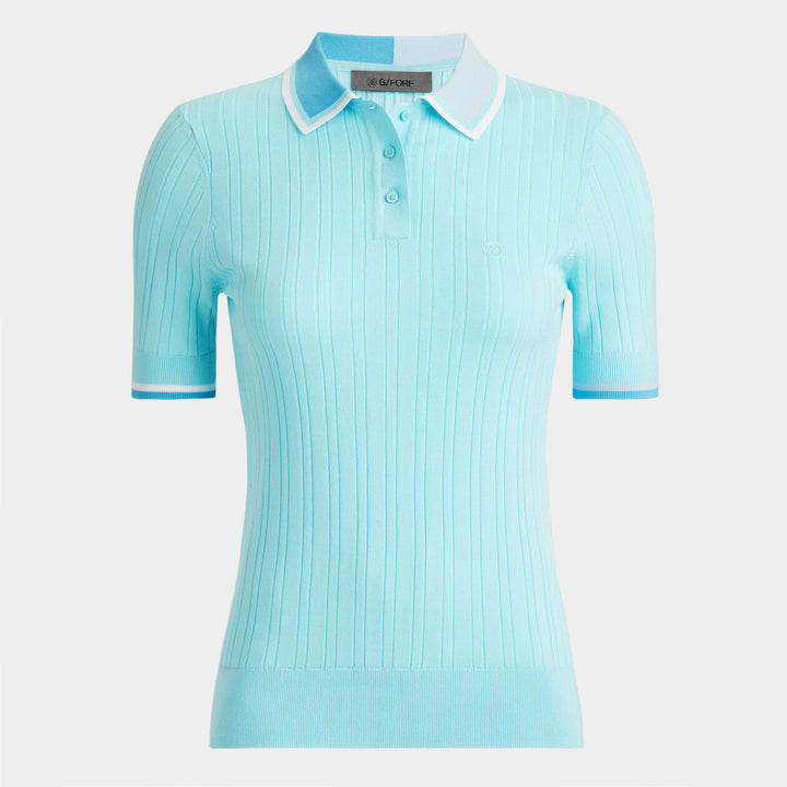 G/FORE WOMENS COTTON BLEND RIBBED SHORT SLEEVE SWEATER POLO - POWDER