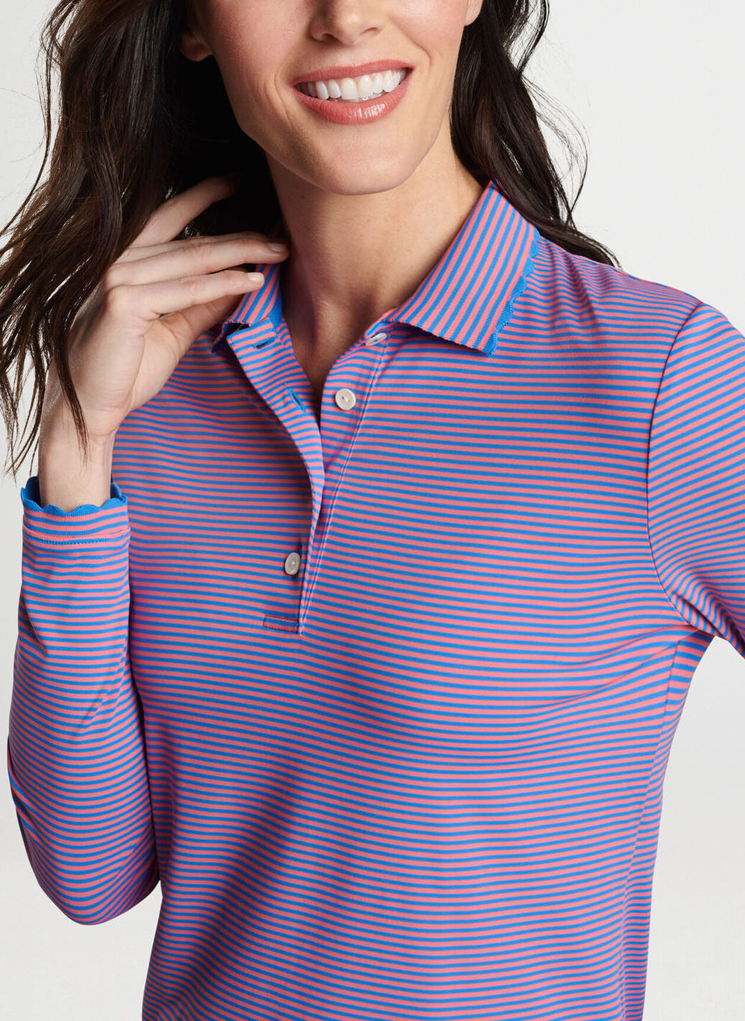 Peter Millar Womens Vista Stripe Opal Long Sleeve Stretch Jersey Polo - ABACO BLUE/PRIMROSE