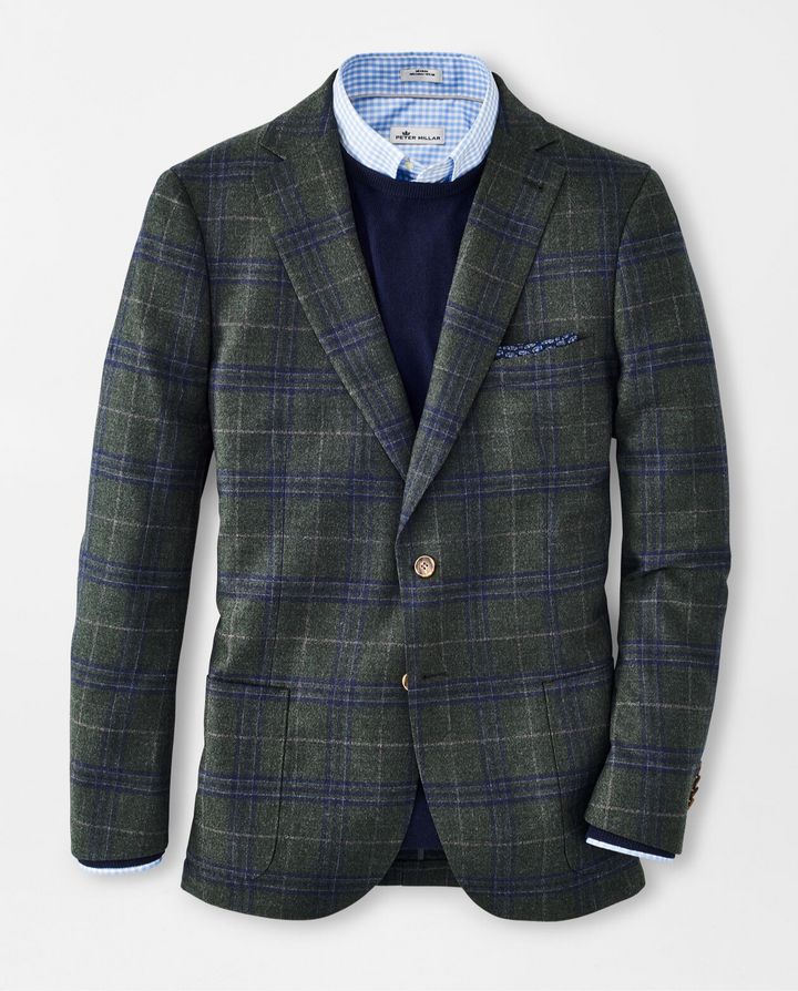 Peter Millar Mens Classic Fit Wintertime Windowpane Soft Wool Jacket - GREEN/BLUE