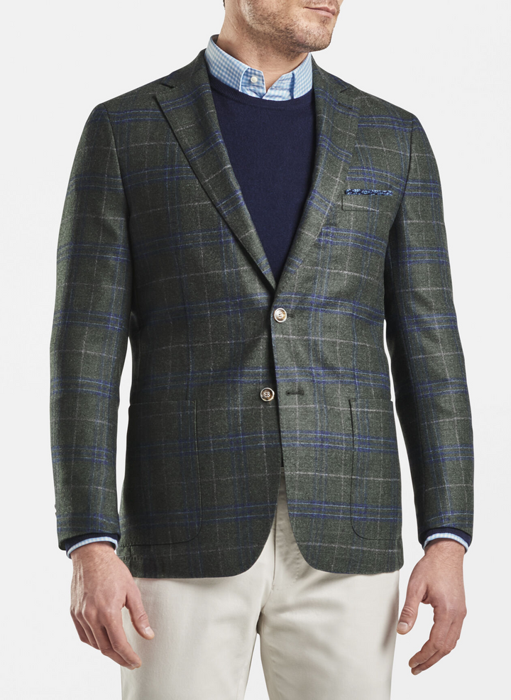 Peter Millar Mens Classic Fit Wintertime Windowpane Soft Wool Jacket - GREEN/BLUE