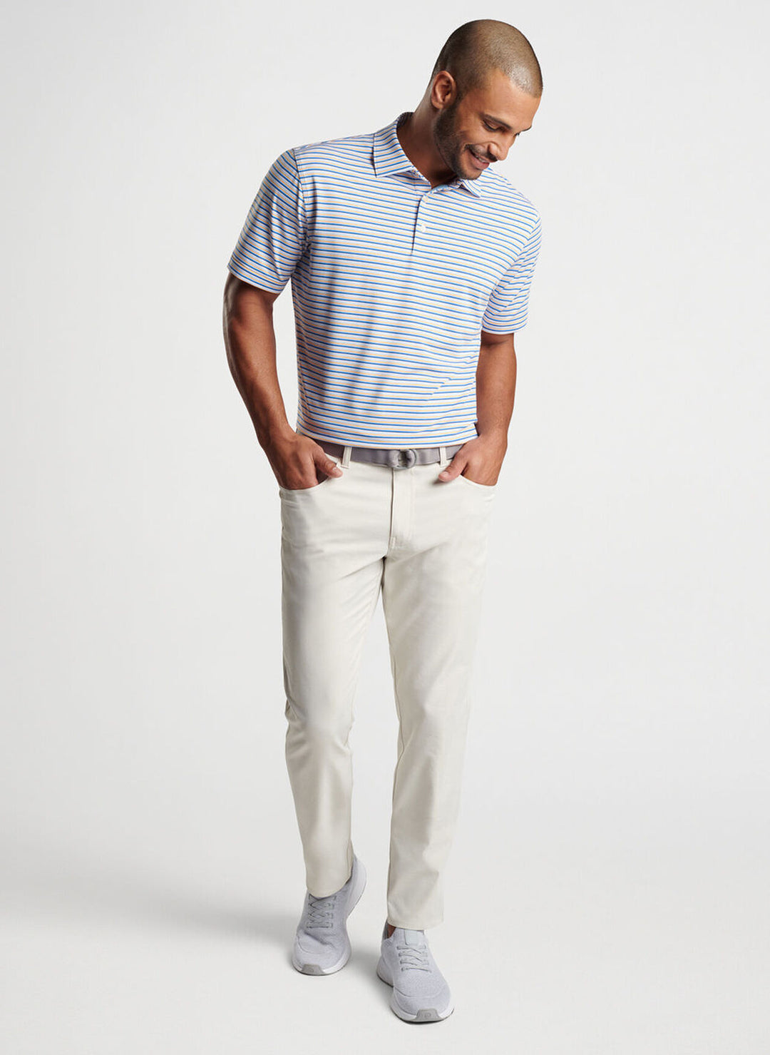 Peter Millar Mens Classic Fit Fairmont Performance Jersey Polo - WHITE/MAKO BLUE