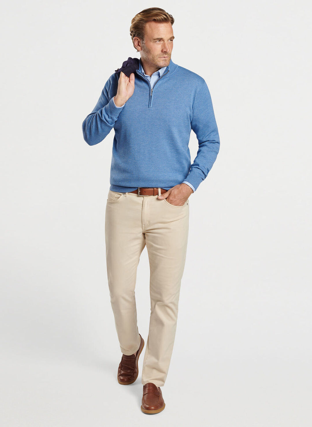 Peter Millar Mens Classic Fit Canton Stripe Quarter Zip Sweater - OCEAN BLUE