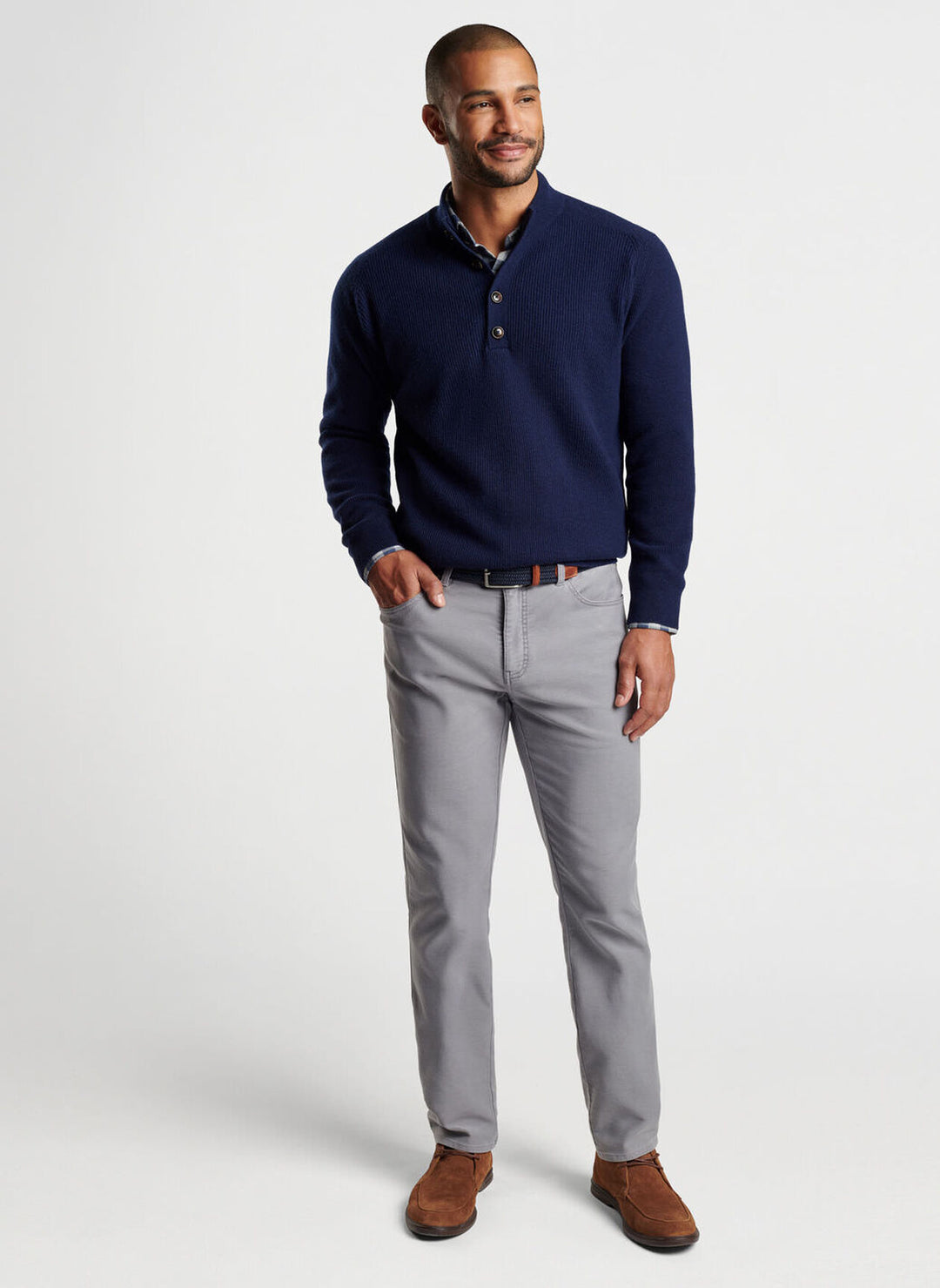 Peter Millar Mens Classic Fit Ruxton Rib Button Mock Sweater - NAVY