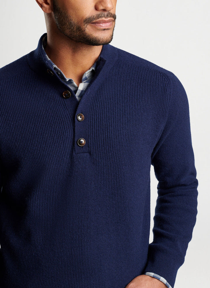 Peter Millar Mens Classic Fit Ruxton Rib Button Mock Sweater - NAVY