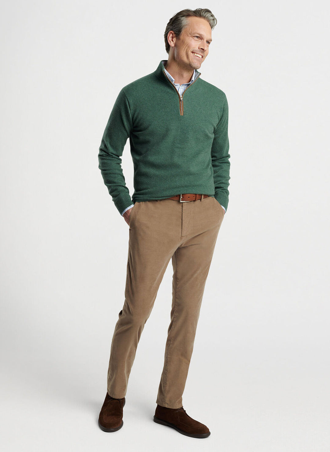 Peter Millar Mens Tailored Fit Artisan Crafted Cashmere Flex Quarter-Zip - FOREST GREEN