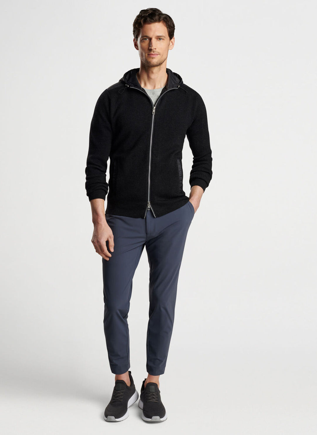 Peter Millar Mens Tailored Fit Holdridge Hybrid Full-Zip Hooded Sweater - BLACK