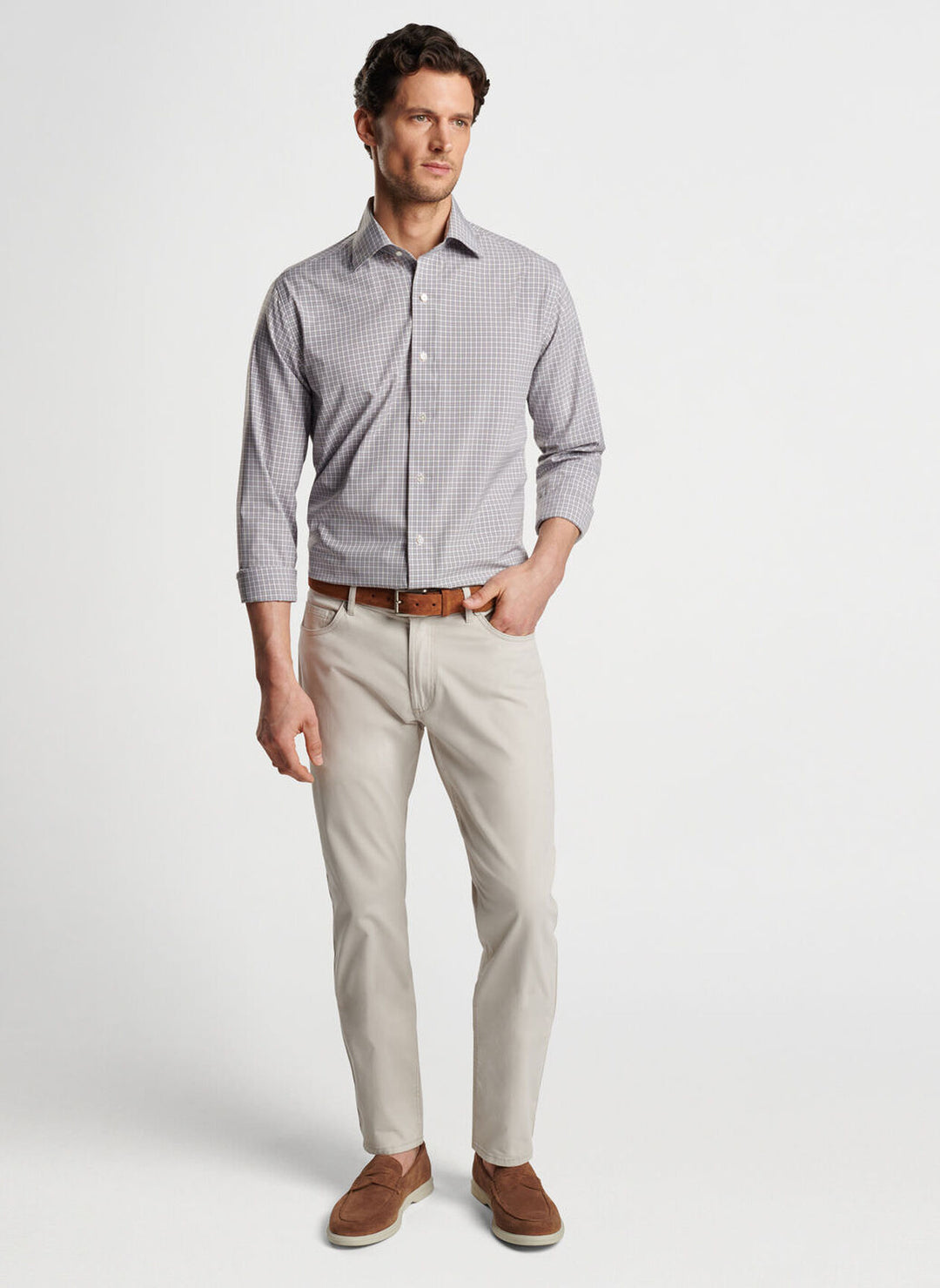 Peter Millar Mens Tailored Fit Wicklow Performance Poplin Sport Shirt - TAWNY