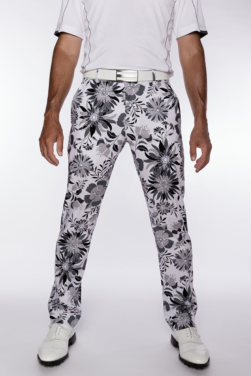 Sport Monaco Slim Fit Floral Print Cotton Pants - ONYX / CHARCOAL / WHITE