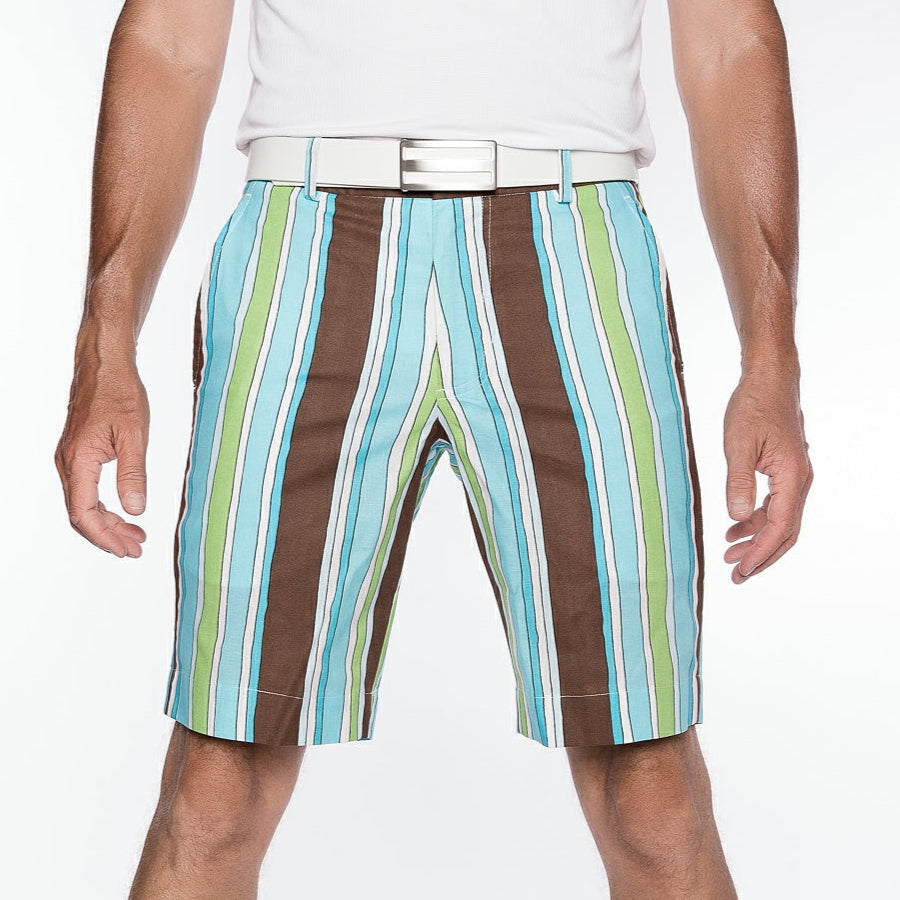 Sport Monaco Slim Fit Stripe Print Cotton Shorts - BLUE / GREEN / BROWN