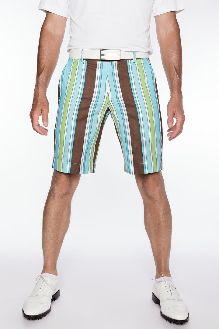 Sport Monaco Slim Fit Stripe Print Cotton Shorts - BLUE / GREEN / BROWN