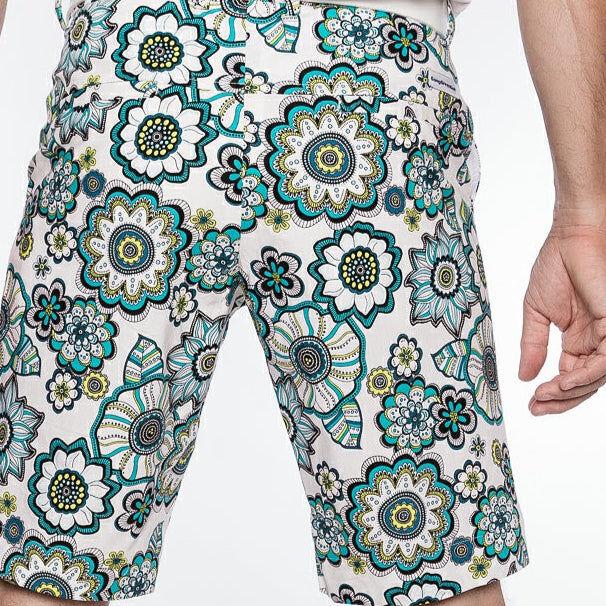 Sport Monaco Slim Fit Floral Print Cotton Shorts - BLUE / WHITE