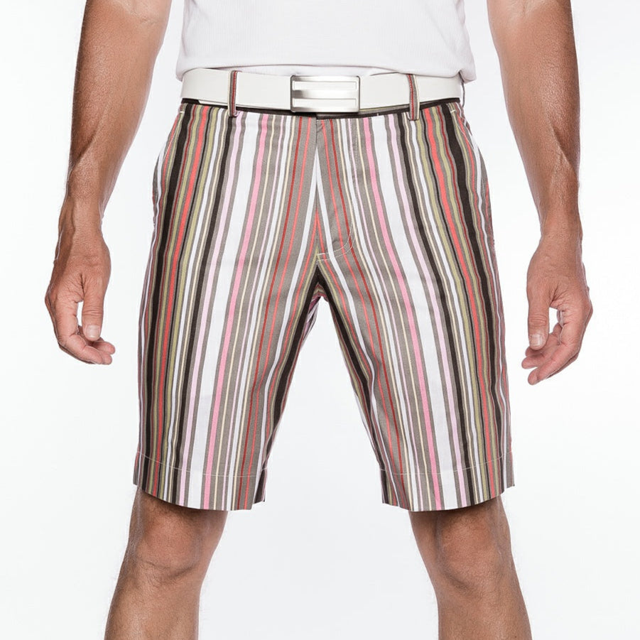 Sport Monaco Slim Fit Stripe Print Cotton Shorts - PINK / GREY