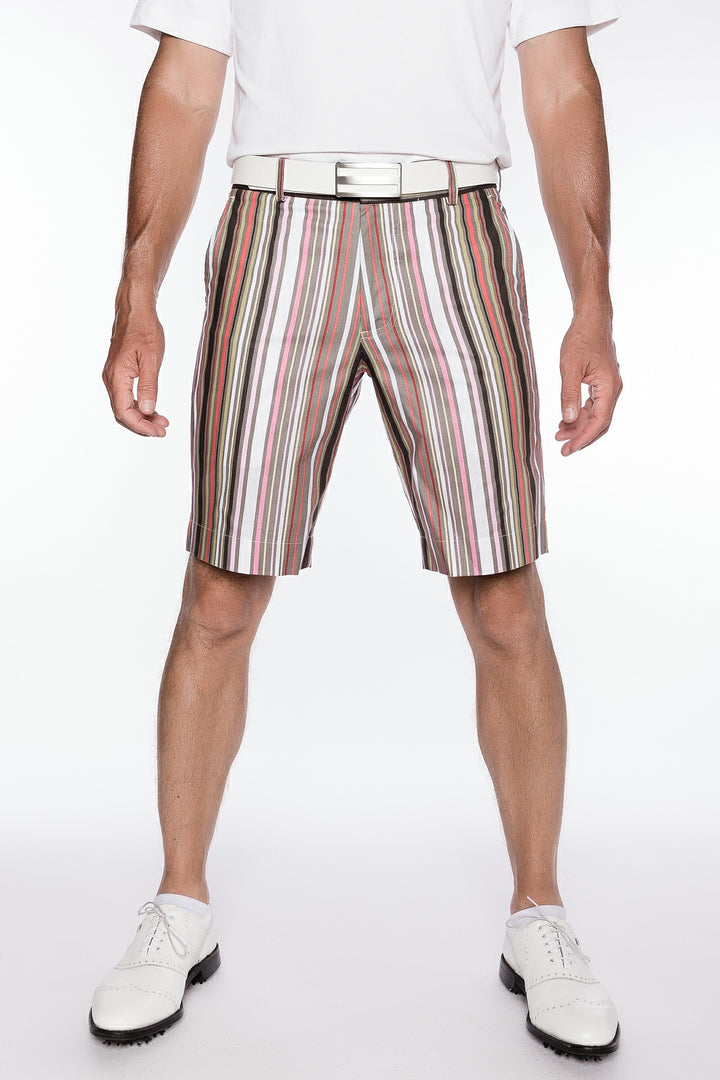 Sport Monaco Slim Fit Stripe Print Cotton Shorts - PINK / GREY