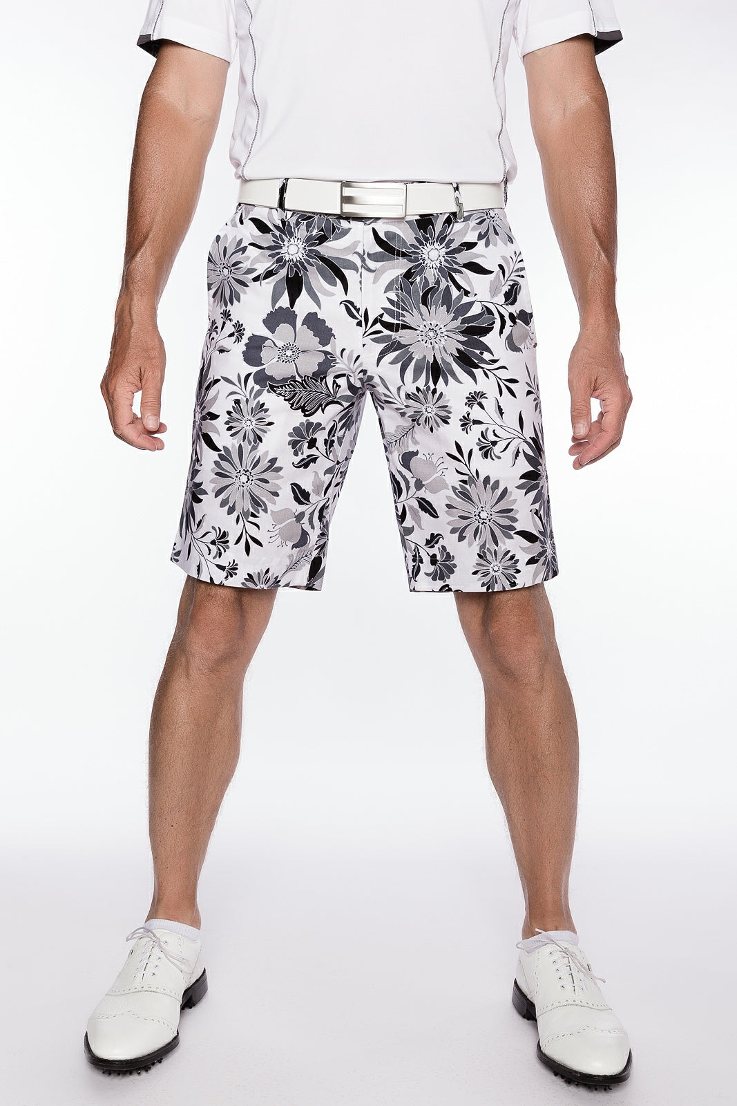 Sport Monaco Slim Fit Floral Print Cotton Shorts - ONYX / CHARCOAL / WHITE