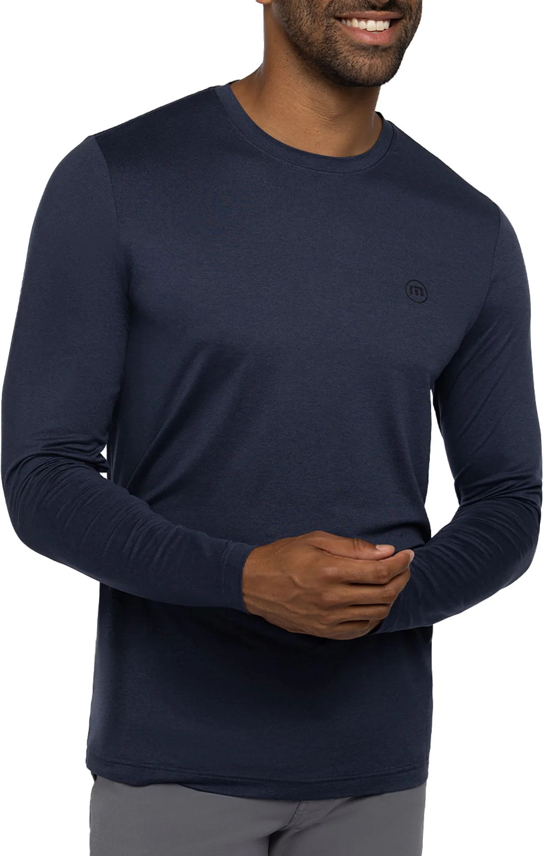 TRAVIS MATHEW TAKE THE CREDIT LONG SLEEVE SHIRT - HEATHER NAVY