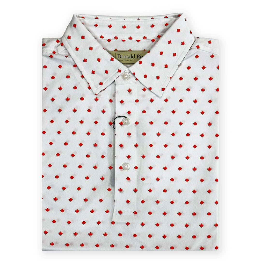 Donald Ross Mens Classic Fit Maple Leaf Print Polo Shirt- WHITE / RED