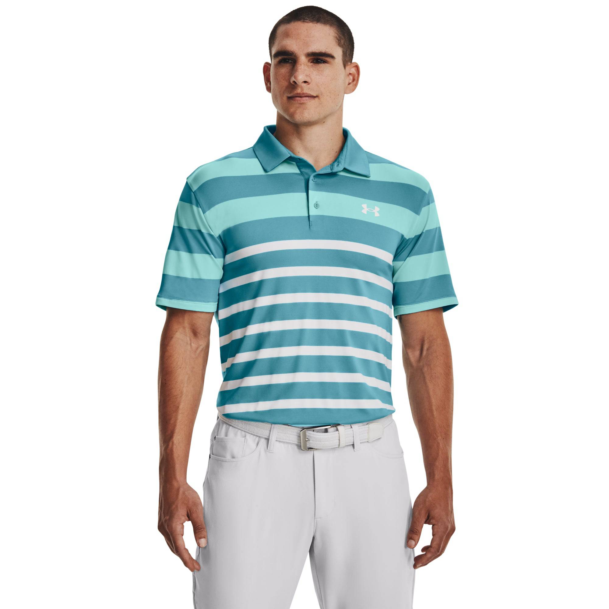 Blue and white striped golf shirt hotsell